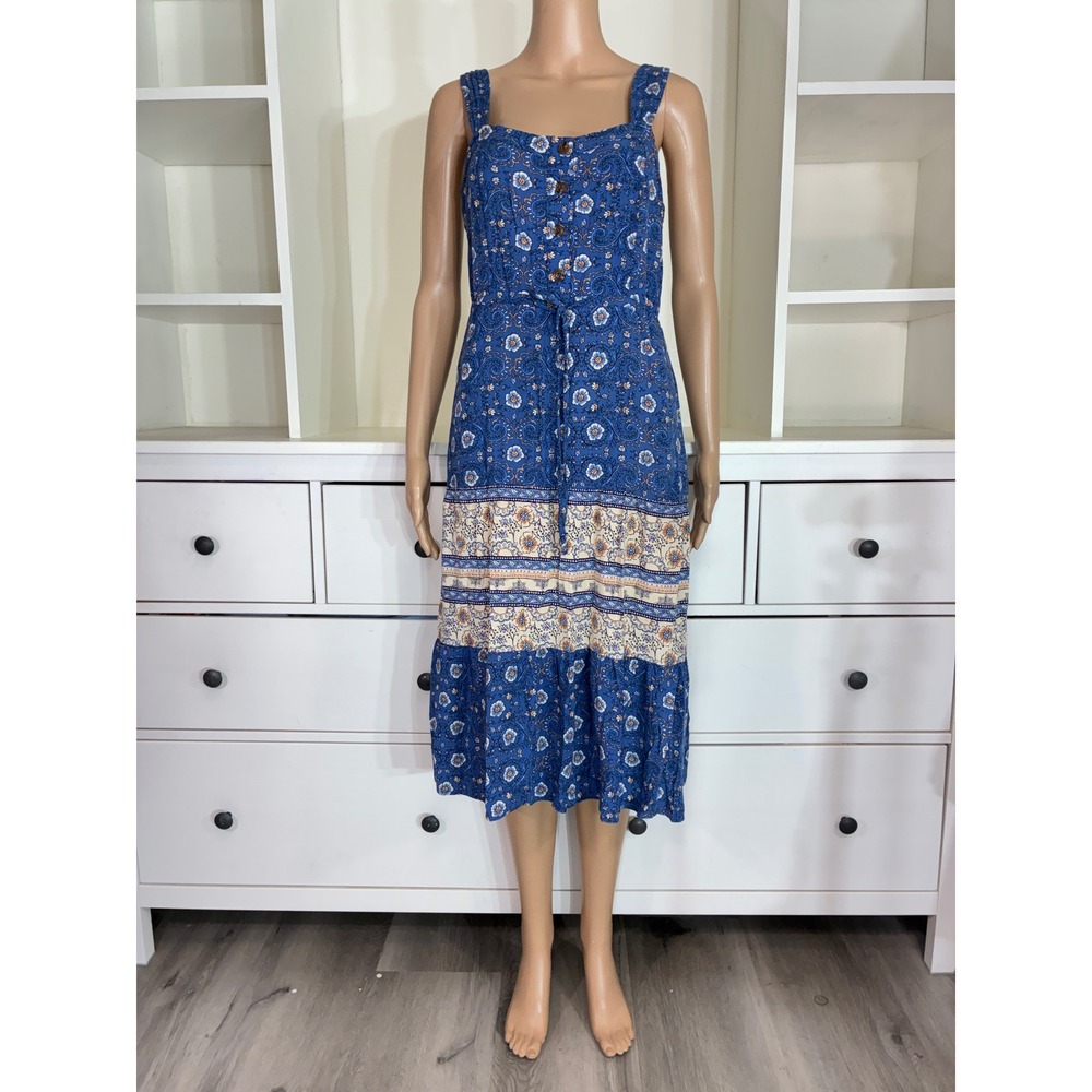 Lucky‎ Brand Midi Dress Women Medium Blue Paisley Floral Tiered Smocked Boho